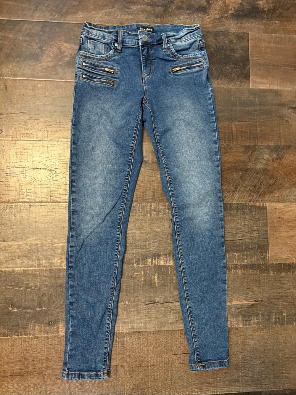 Skinny Blue Denim Jeans with Front Zip Detail